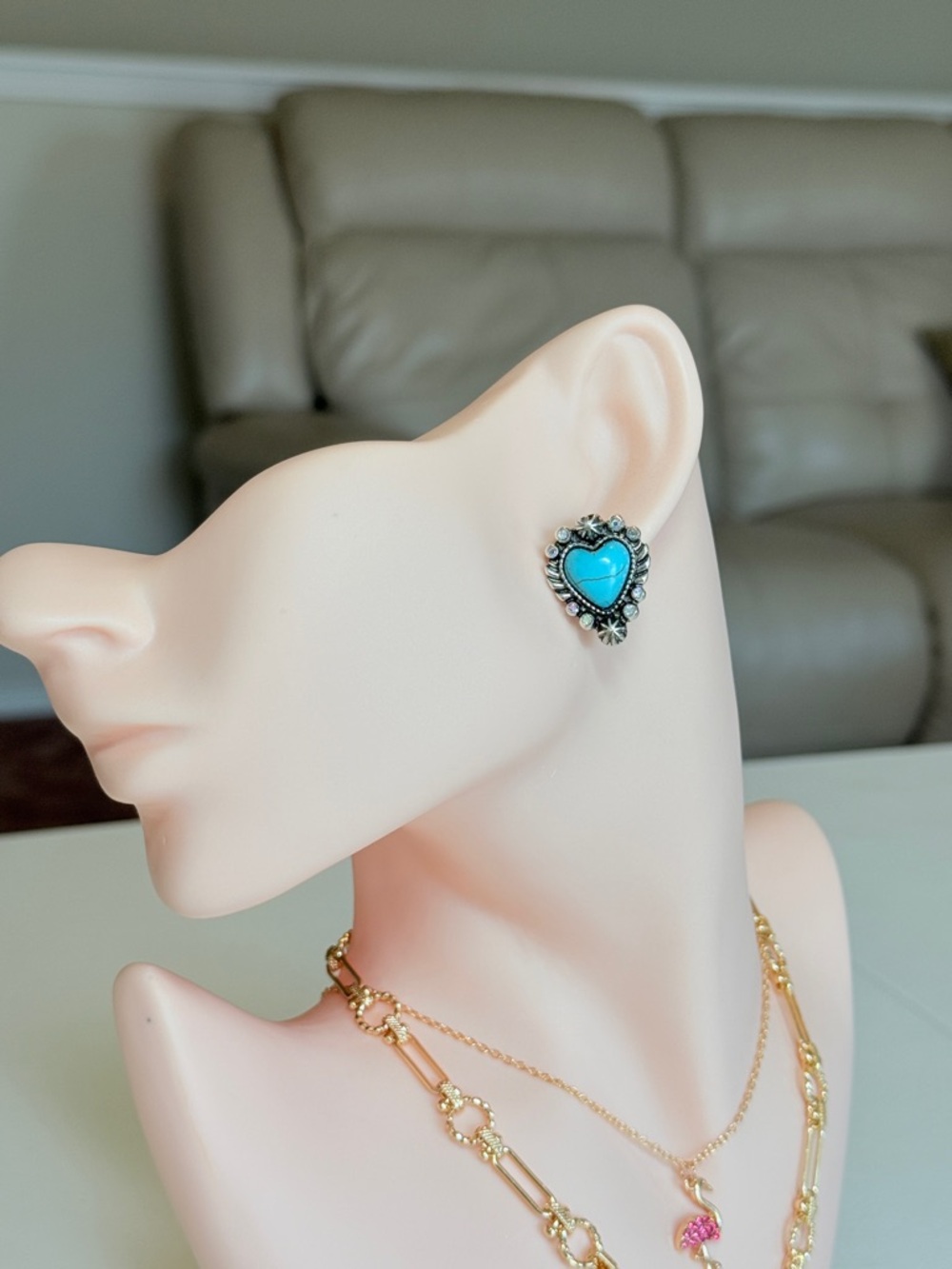 Turquoise Heart Stud Earrings - Picture 4 of 12